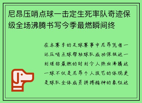 尼昂压哨点球一击定生死率队奇迹保级全场沸腾书写今季最燃瞬间终 尼昂压哨点球一击定生死率队奇迹保级全场沸腾书写今季最燃瞬间终